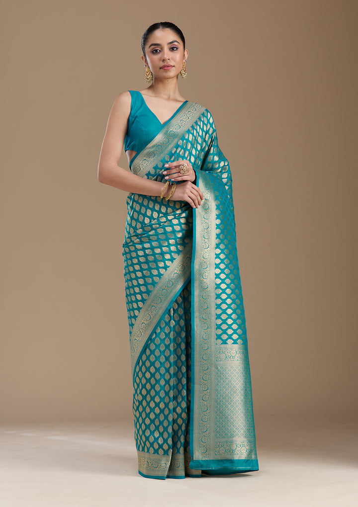 Turquoise Blue Zariwork Art Silk Saree