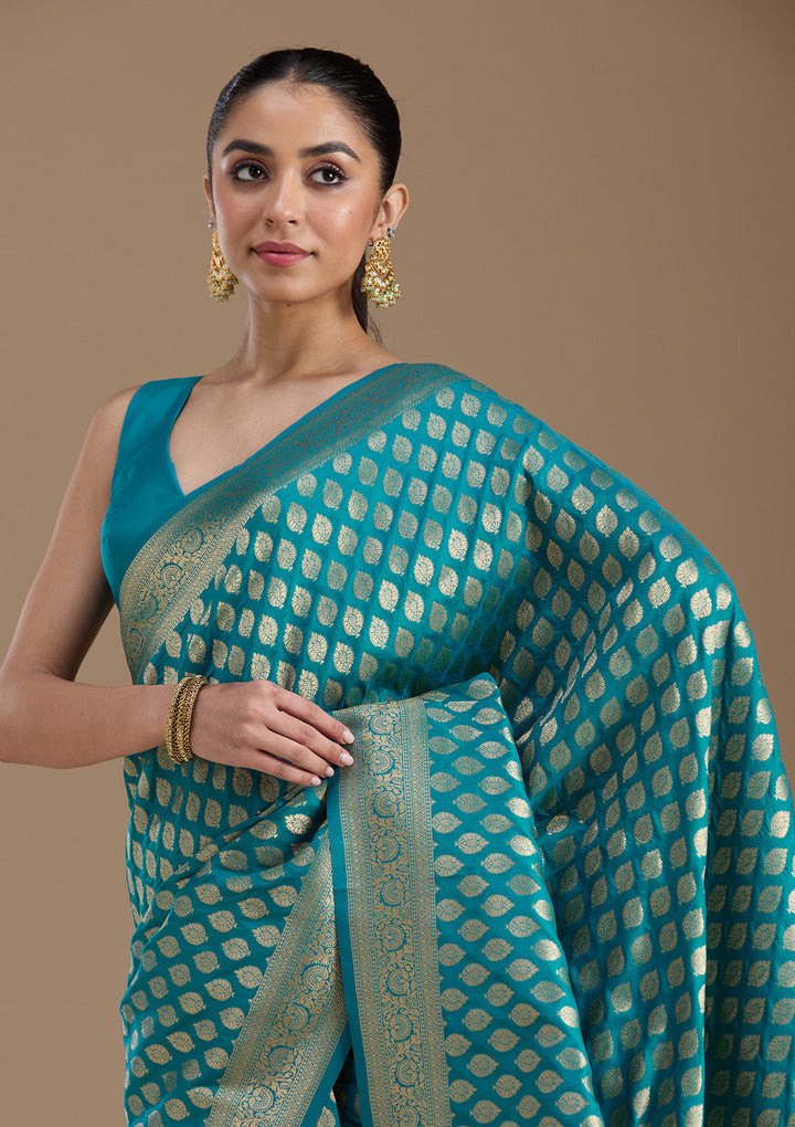 Turquoise Blue Zariwork Art Silk Saree