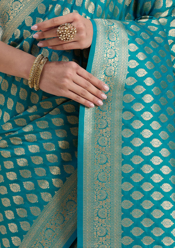 Turquoise Blue Zariwork Art Silk Saree