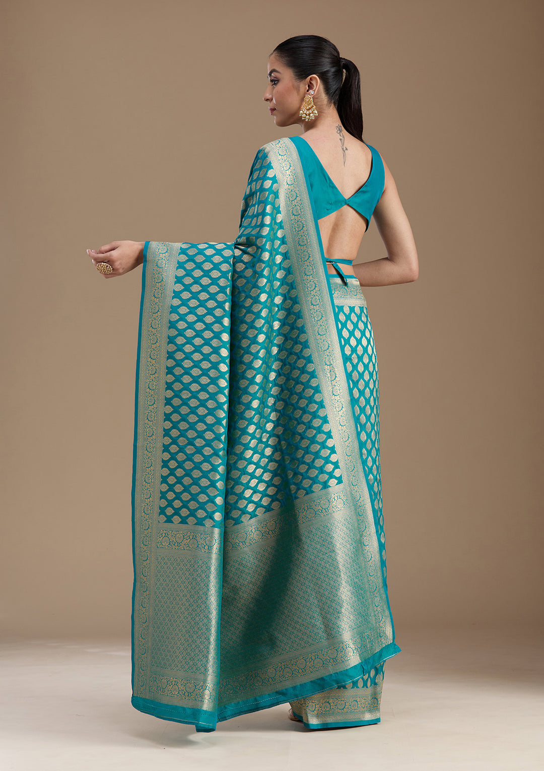 Turquoise Blue Zariwork Art Silk Saree