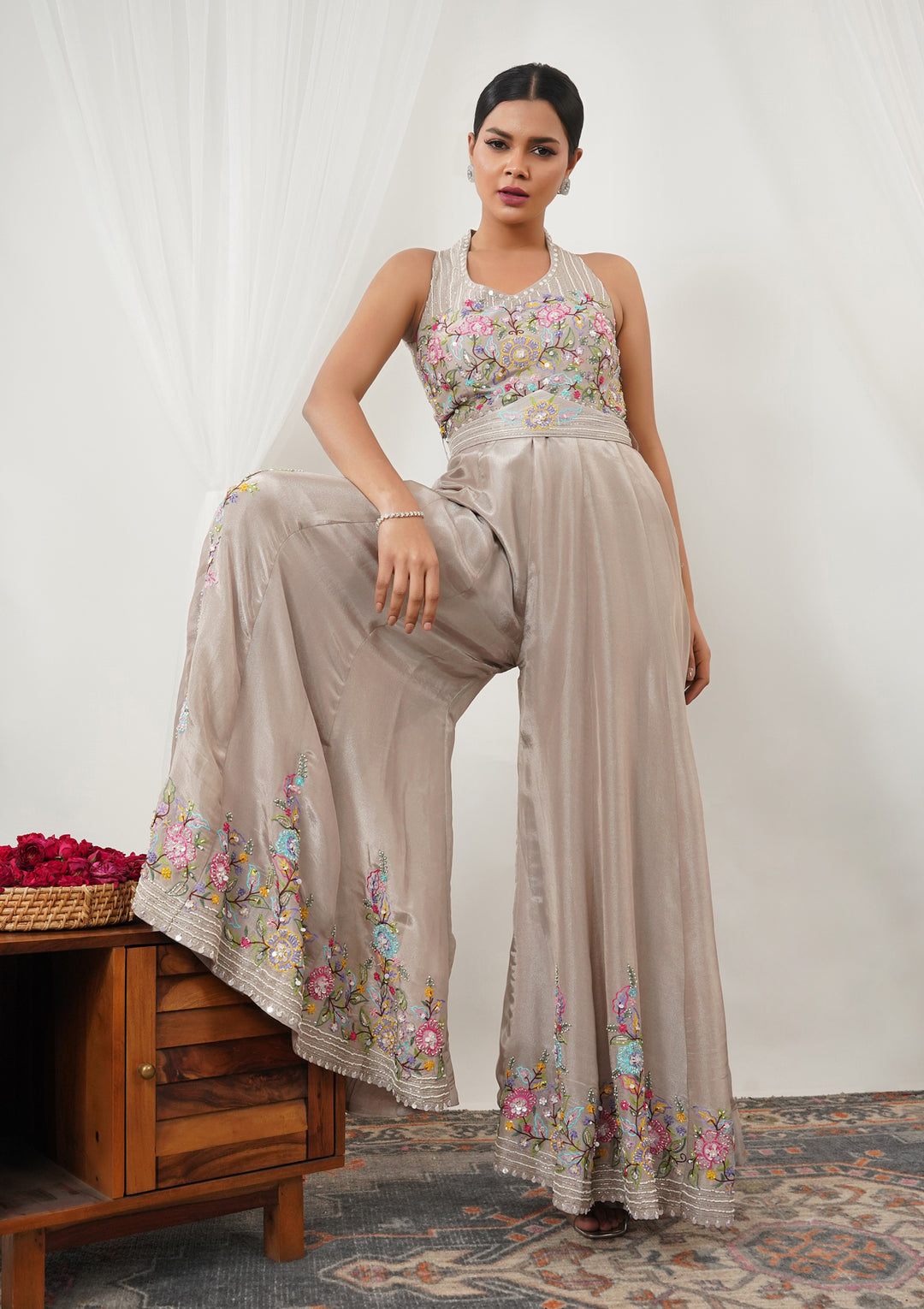 Beige Threadwork Silk Readymade Salwar Suit