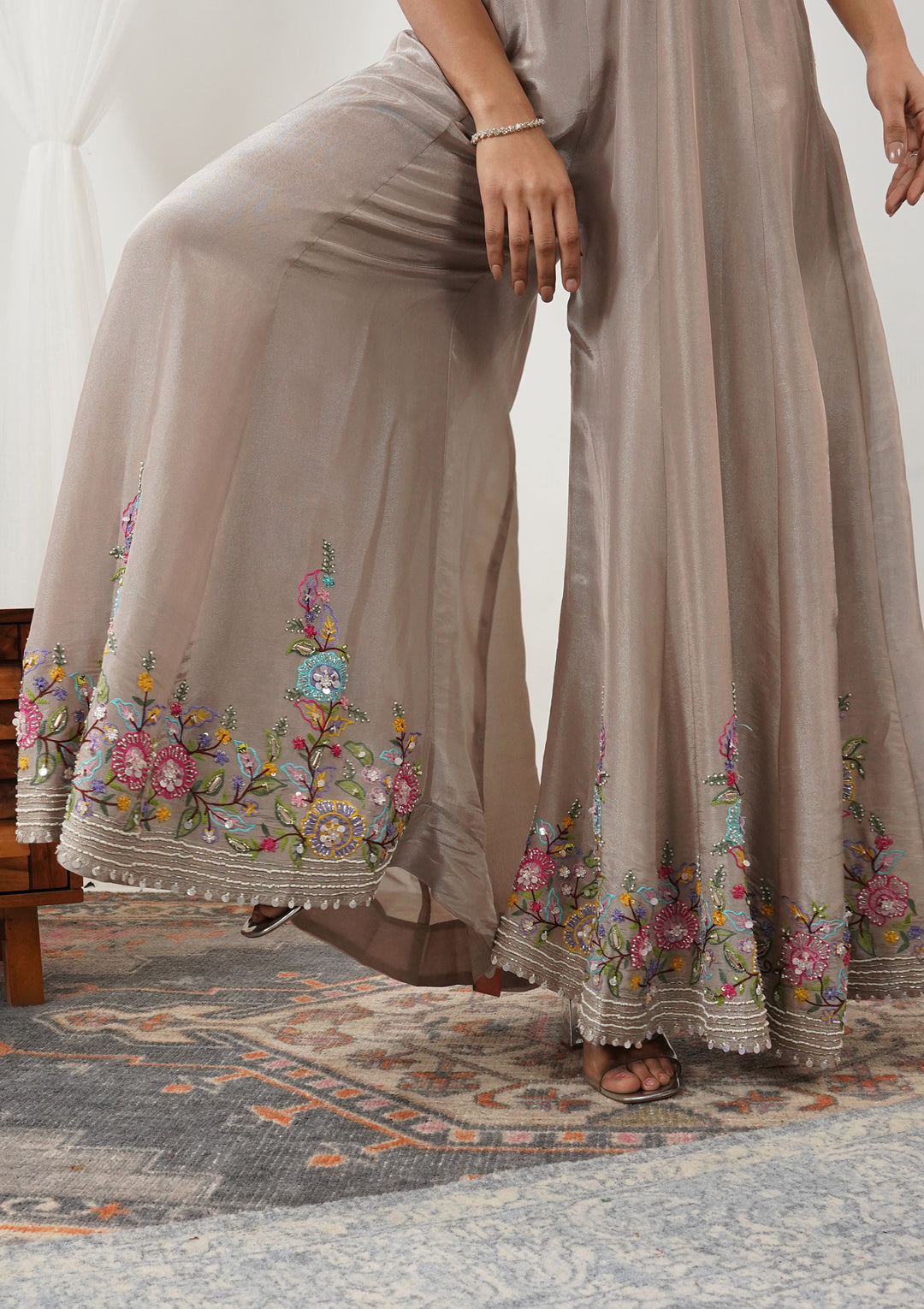Beige Threadwork Silk Readymade Salwar Suit
