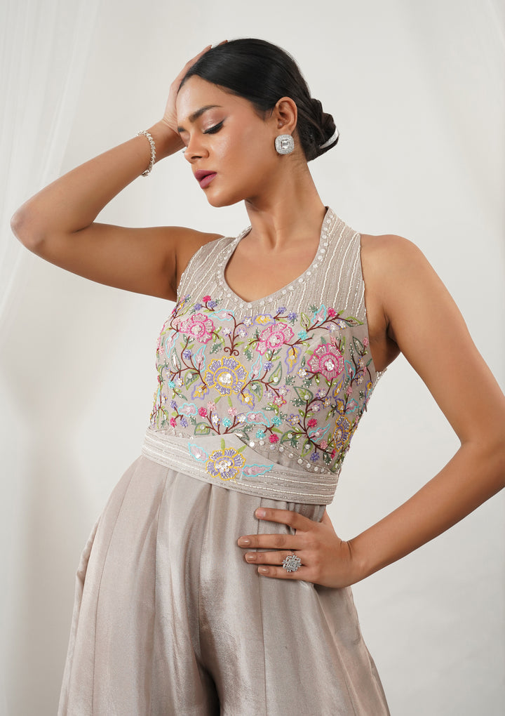 Beige Threadwork Silk Readymade Salwar Suit