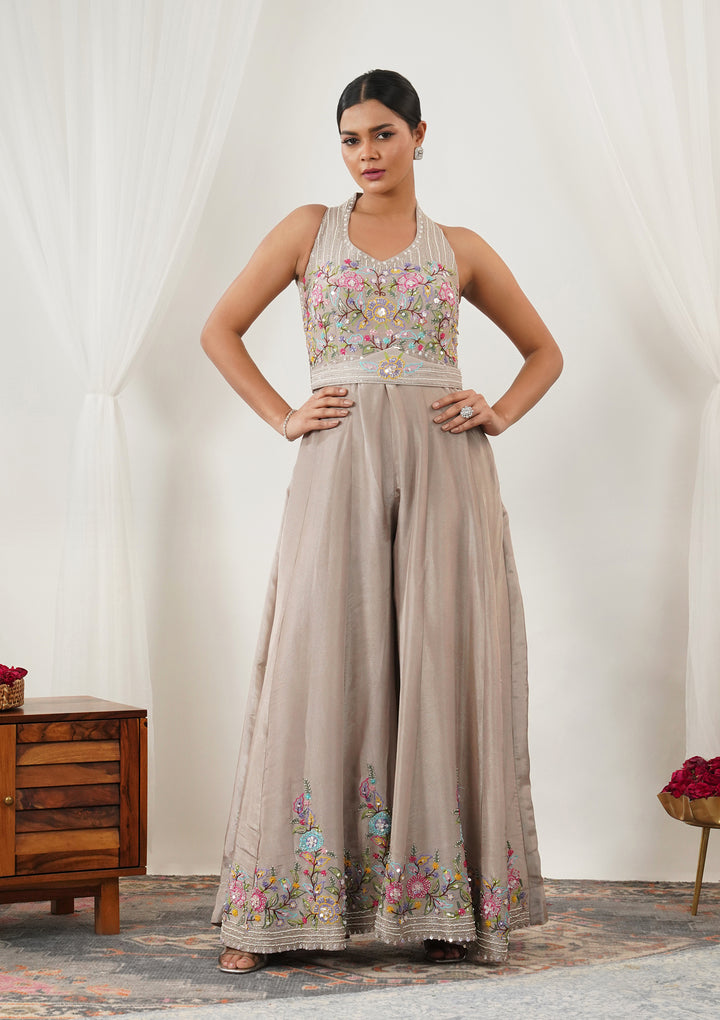 Beige Threadwork Silk Readymade Salwar Suit
