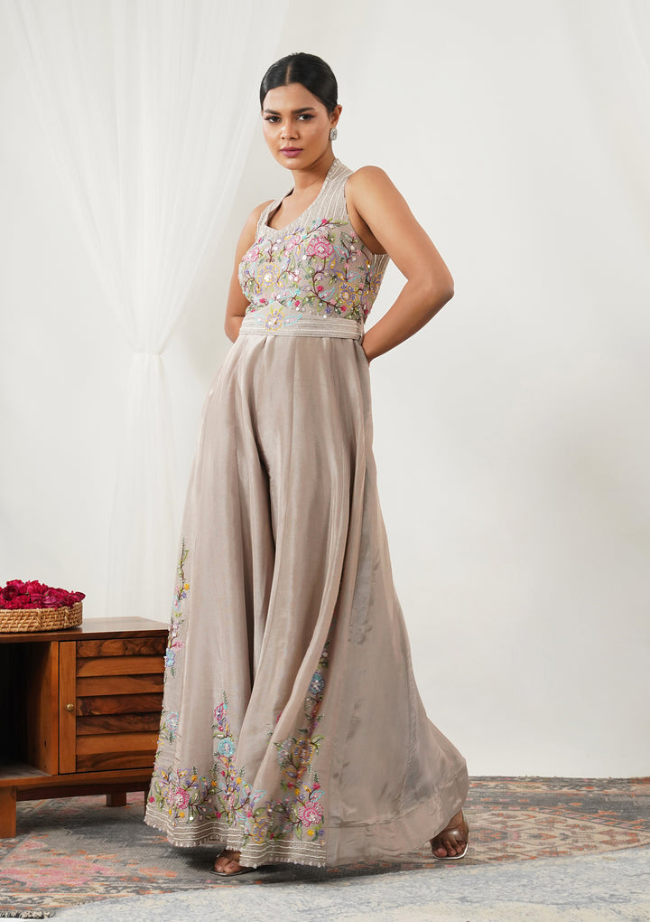 Beige Threadwork Silk Readymade Salwar Suit