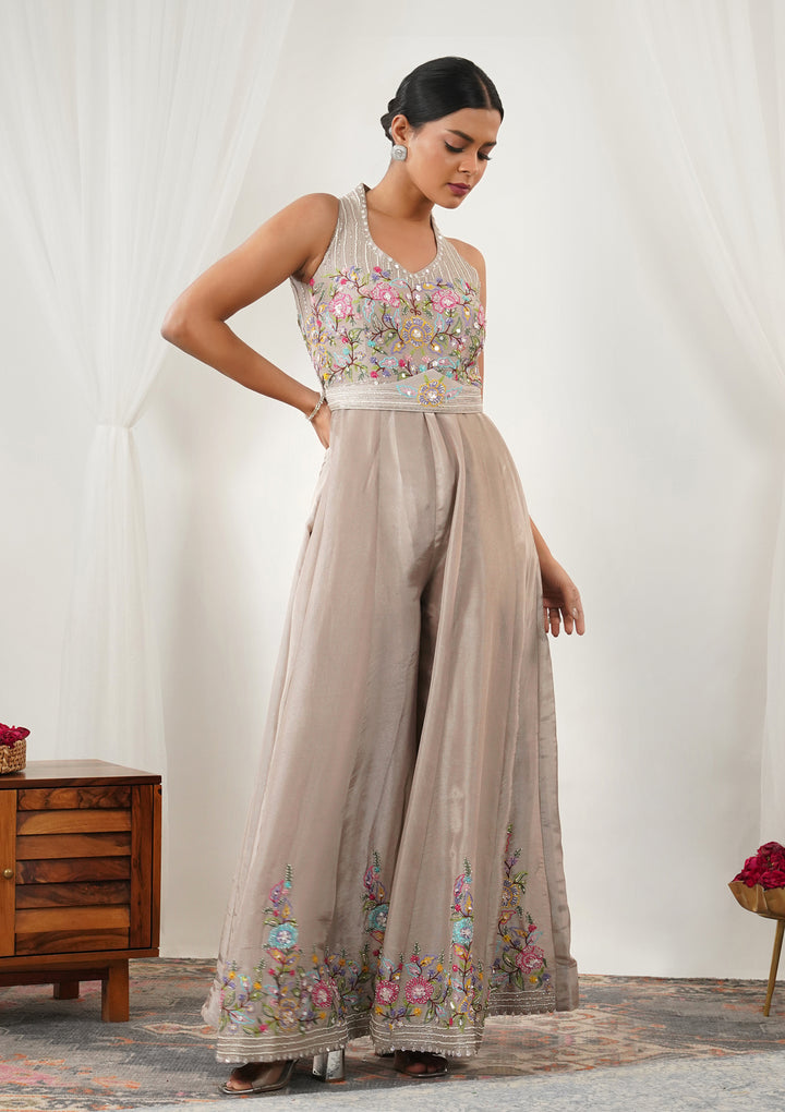 Beige Threadwork Silk Readymade Salwar Suit
