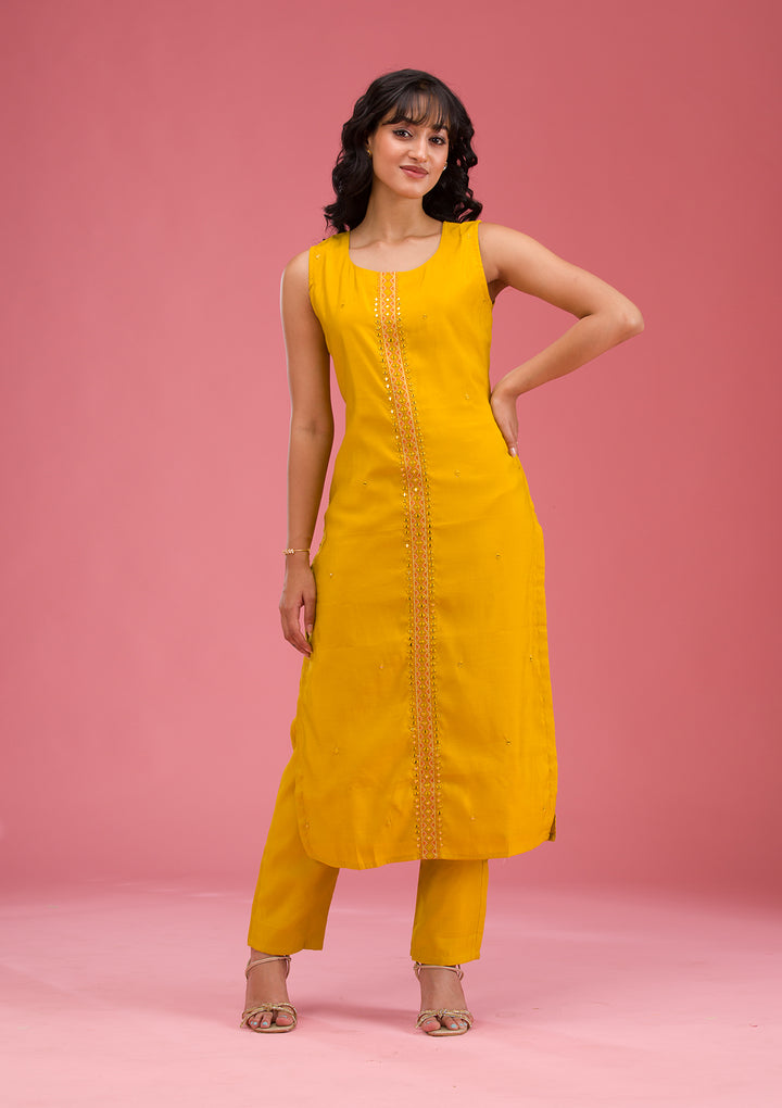 Mustard Threadwork Art Silk Readymade Salwar Suit