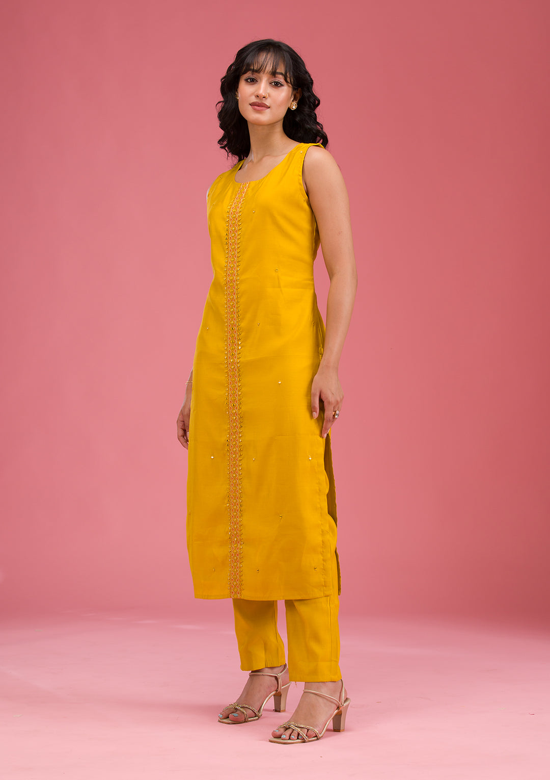 Mustard Threadwork Art Silk Readymade Salwar Suit