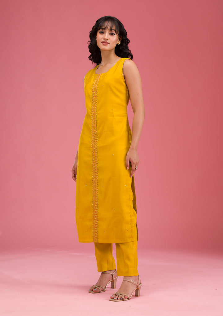 Mustard Threadwork Art Silk Readymade Salwar Suit