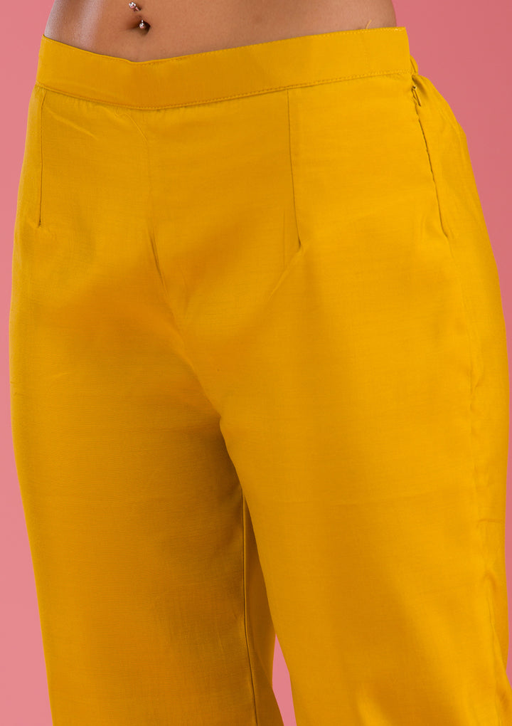 Mustard Threadwork Art Silk Readymade Salwar Suit