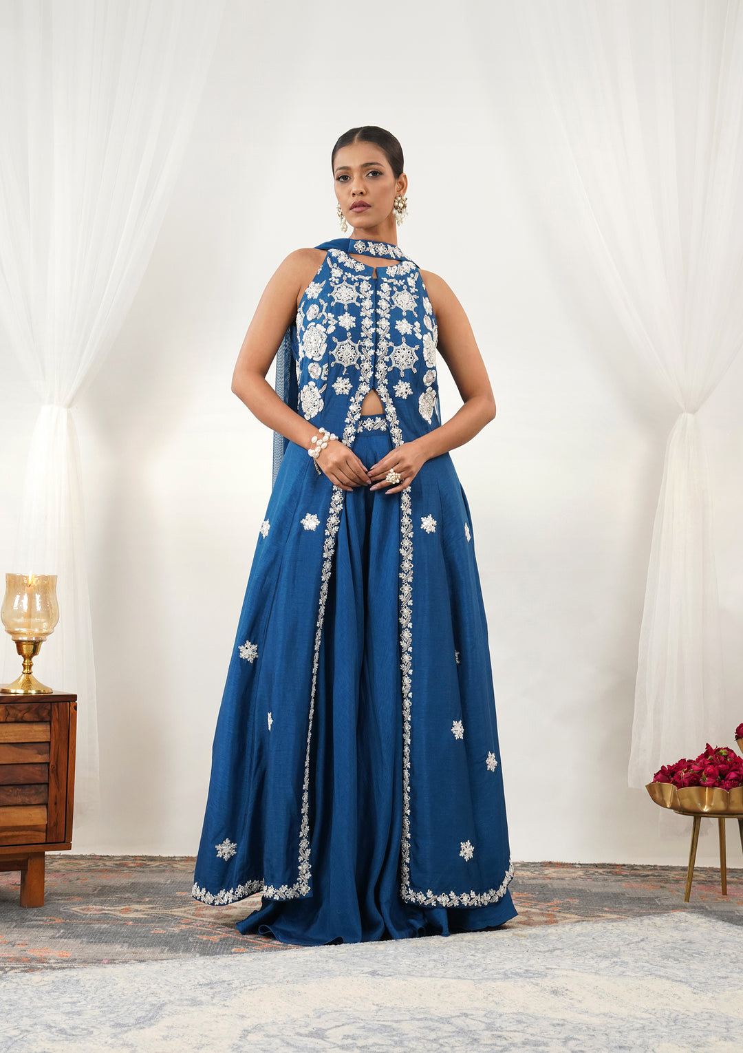 Royal Blue Mirrorwork Semi Crepe Readymade Salwar Suit
