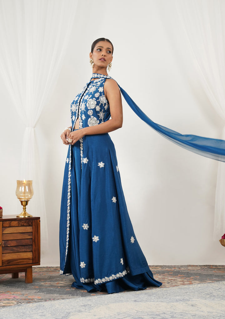 Royal Blue Mirrorwork Semi Crepe Readymade Salwar Suit