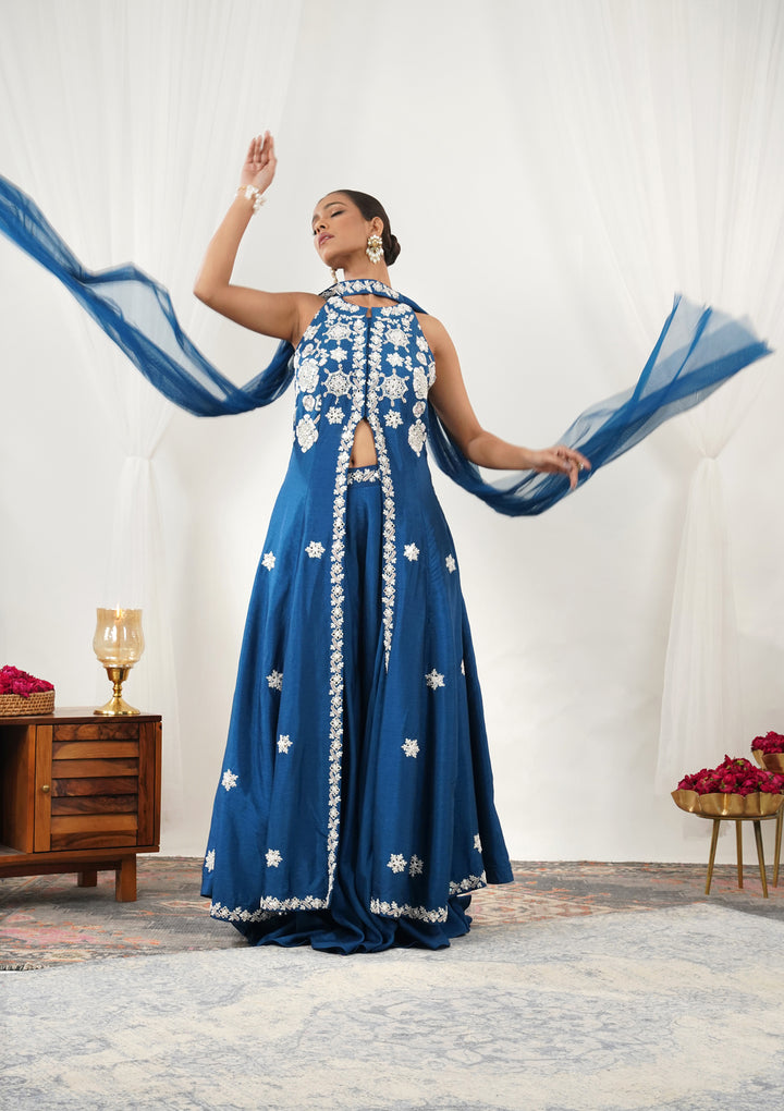 Royal Blue Mirrorwork Semi Crepe Readymade Salwar Suit