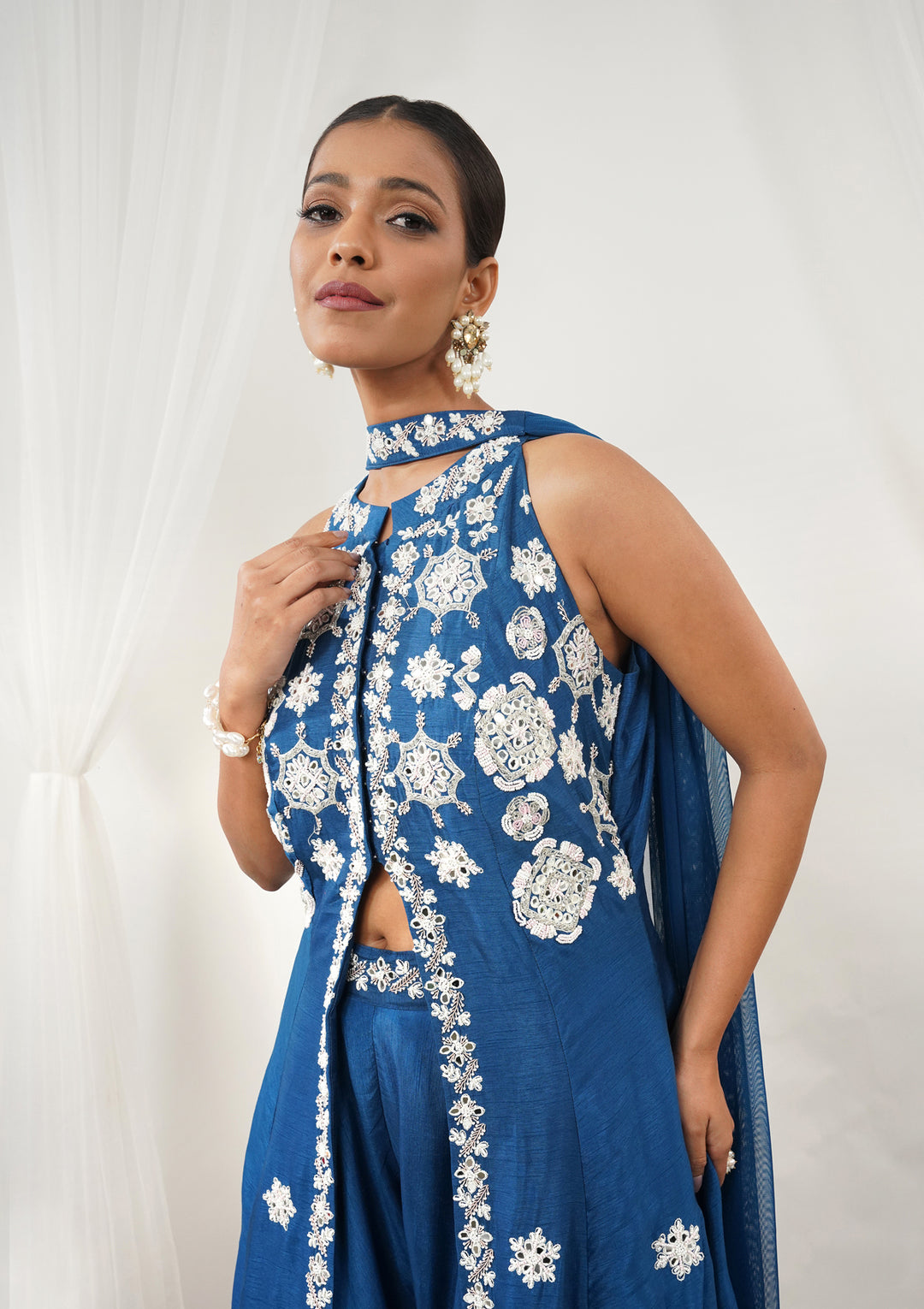 Royal Blue Mirrorwork Semi Crepe Readymade Salwar Suit