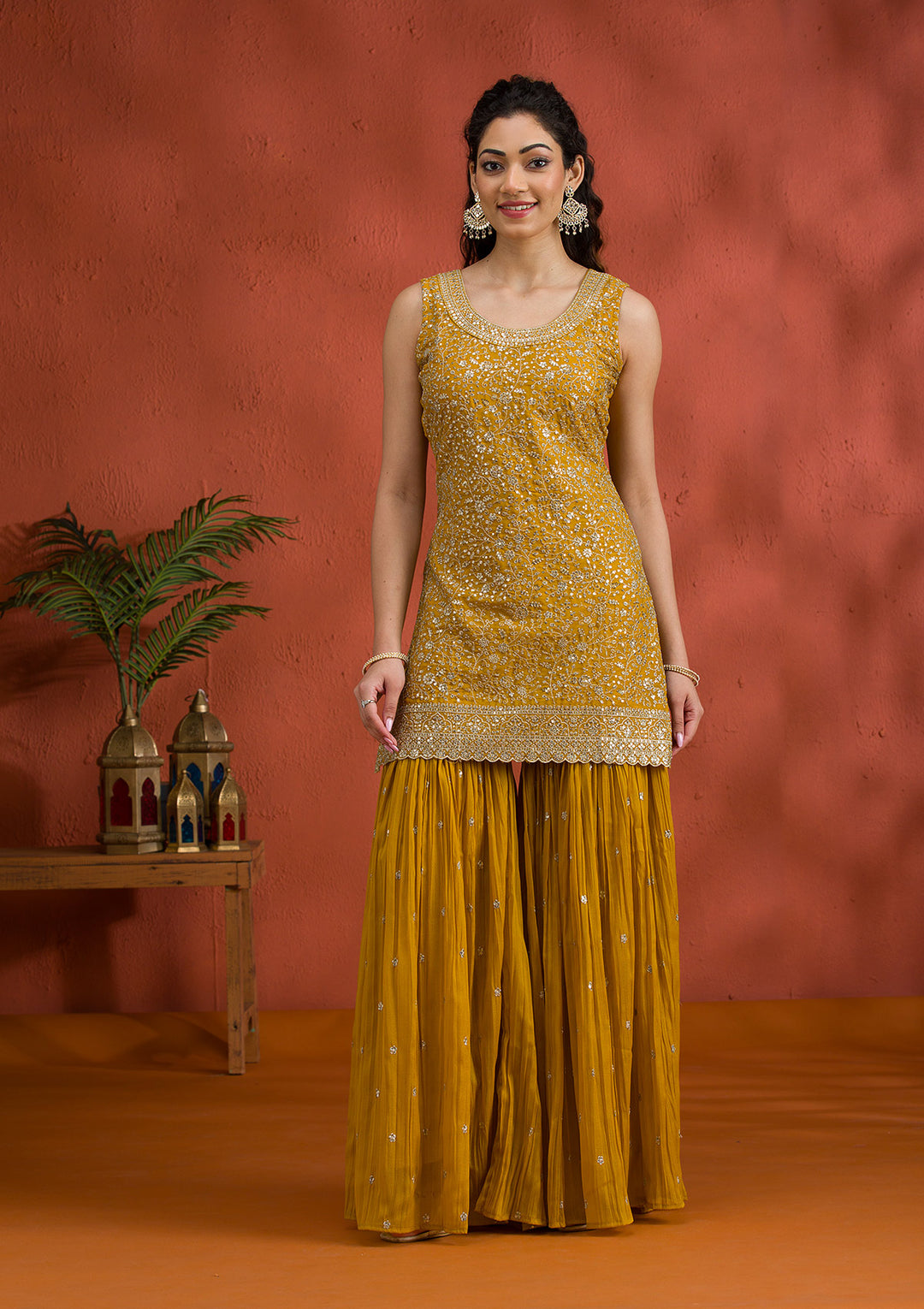 Yellow Silver Zariwork Georgette Readymade Salwar Suit