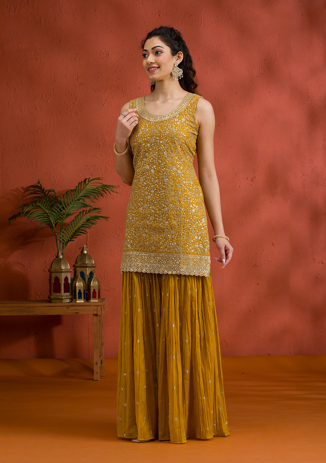 Yellow Silver Zariwork Georgette Readymade Salwar Suit