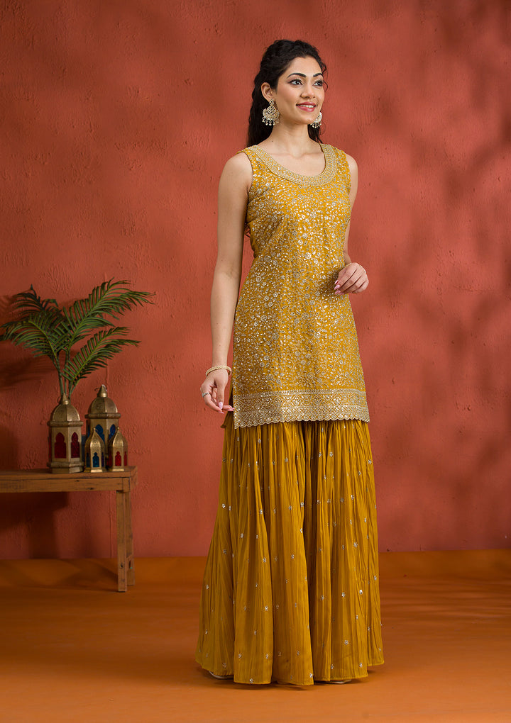 Yellow Silver Zariwork Georgette Readymade Salwar Suit