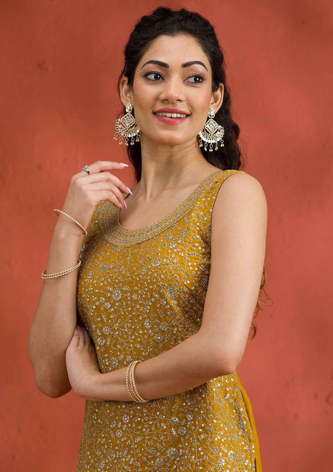 Yellow Silver Zariwork Georgette Readymade Salwar Suit