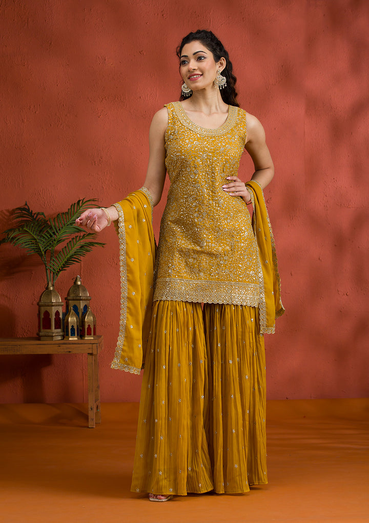 Yellow Silver Zariwork Georgette Readymade Salwar Suit