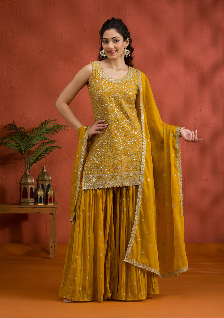 Yellow Silver Zariwork Georgette Readymade Salwar Suit