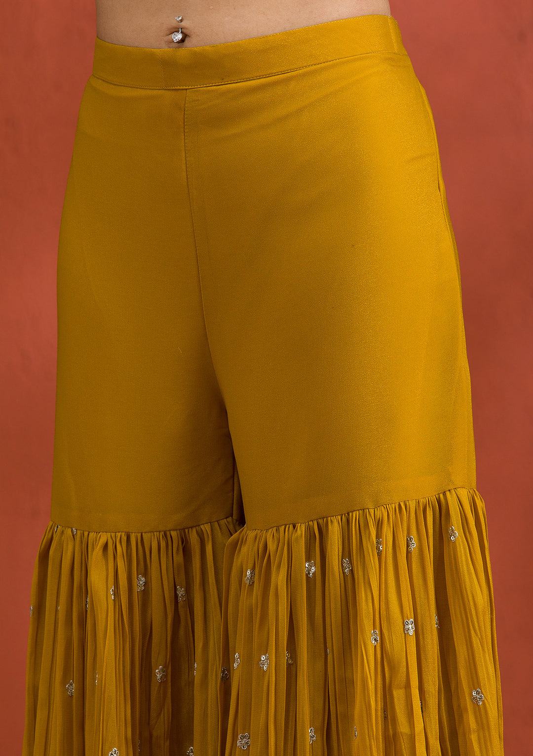 Yellow Silver Zariwork Georgette Readymade Salwar Suit