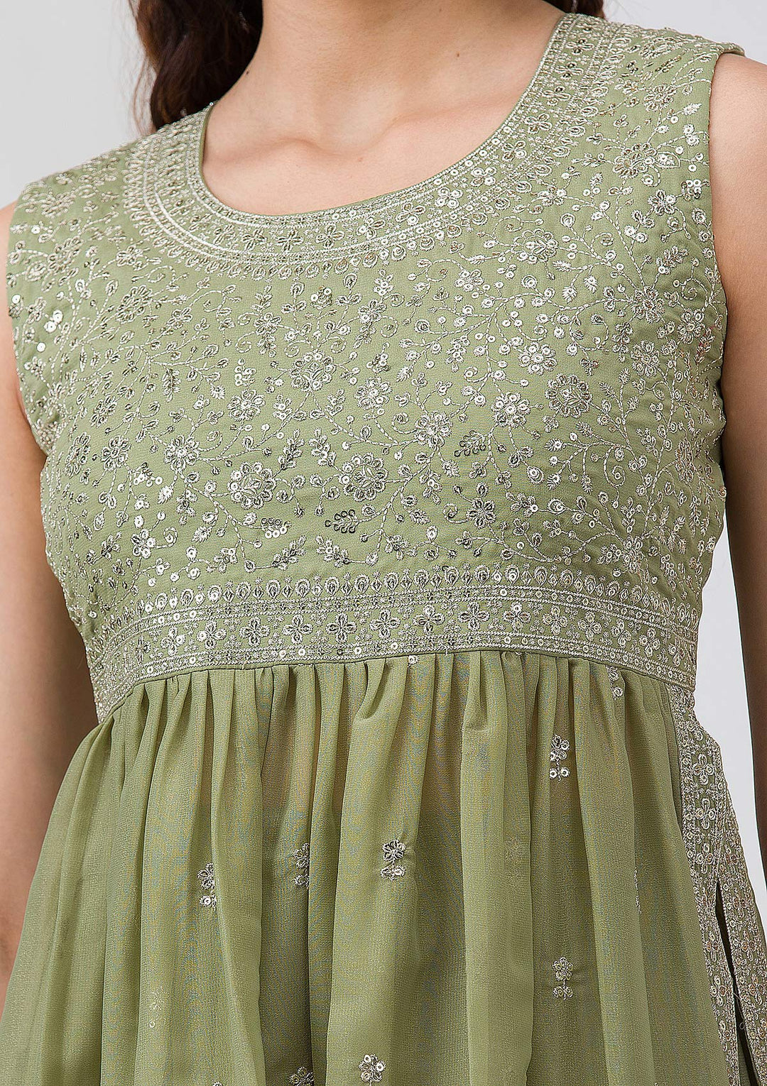 Pista Green Silver Zariwork Georgette Readymade Salwar Suit