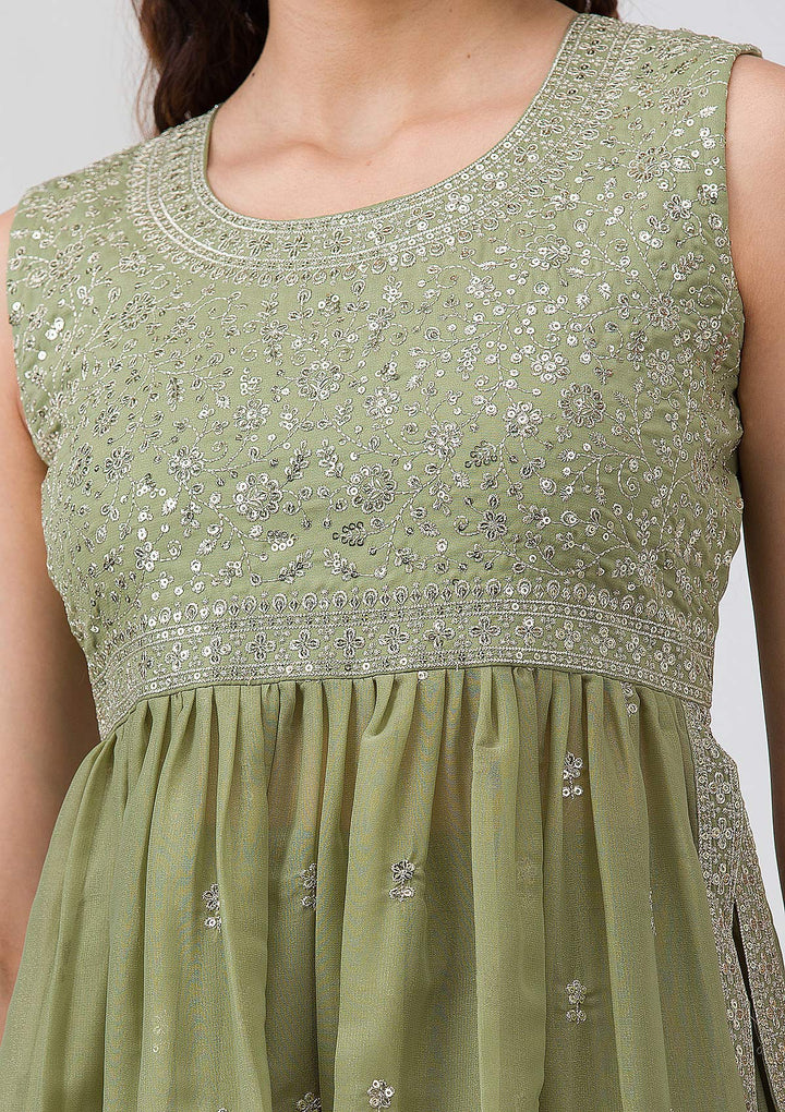 Pista Green Silver Zariwork Georgette Readymade Salwar Suit
