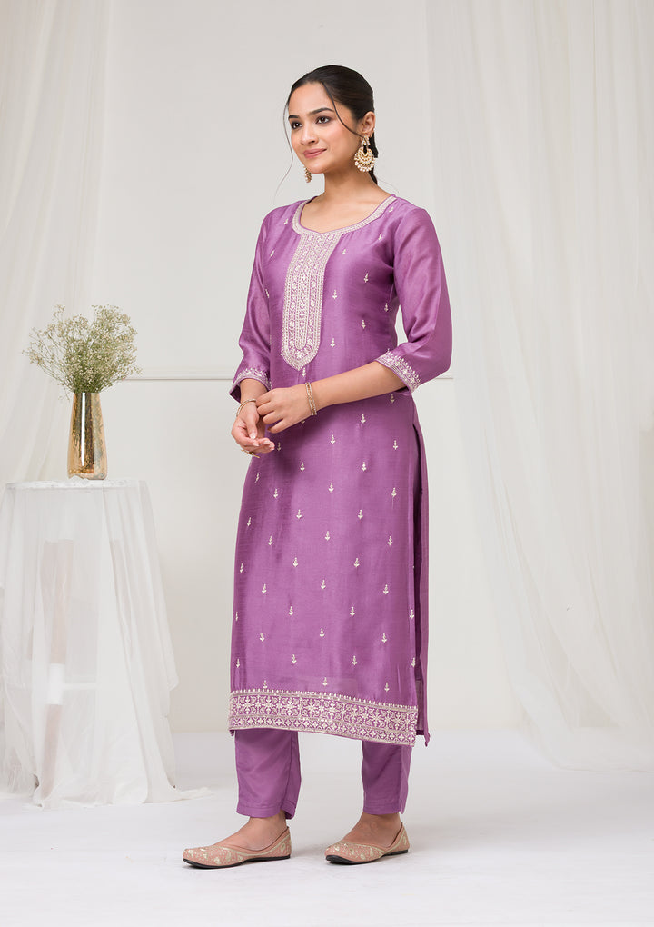 Lavender Sequins Raw Silk Readymade Salwar Suit