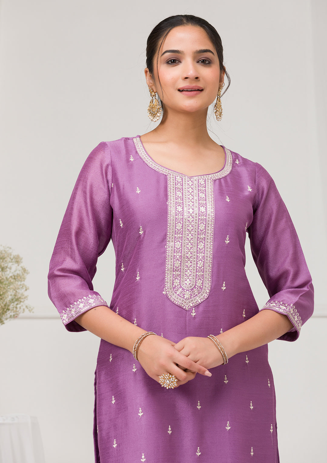 Lavender Sequins Raw Silk Readymade Salwar Suit