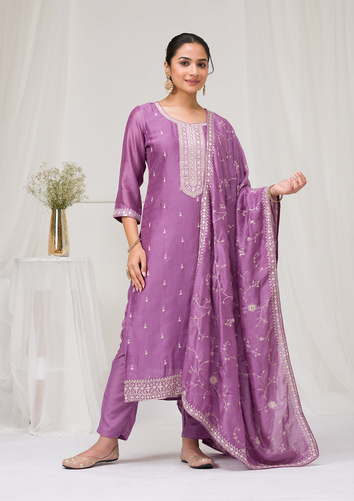 Lavender Sequins Raw Silk Readymade Salwar Suit