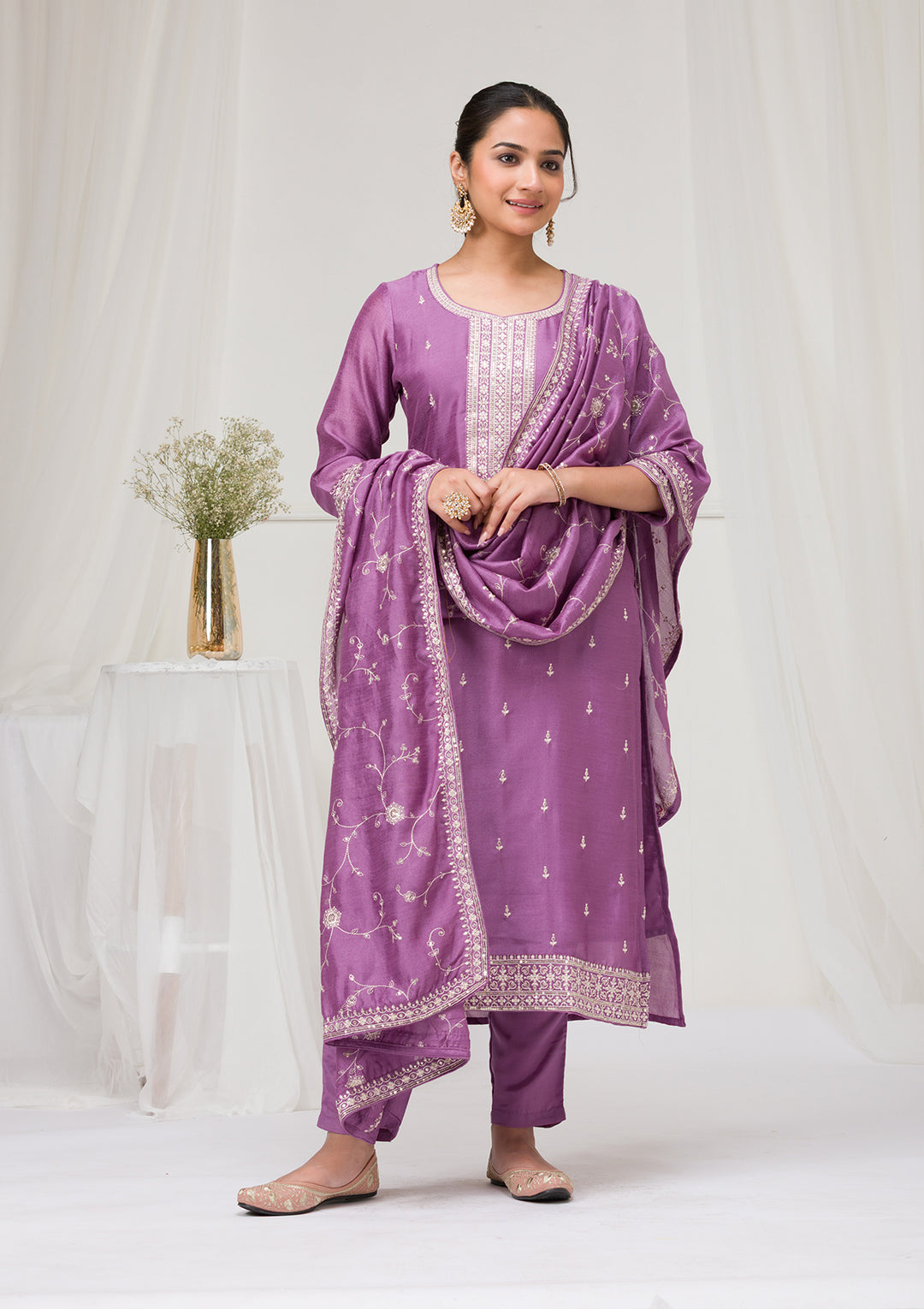Lavender Sequins Raw Silk Readymade Salwar Suit