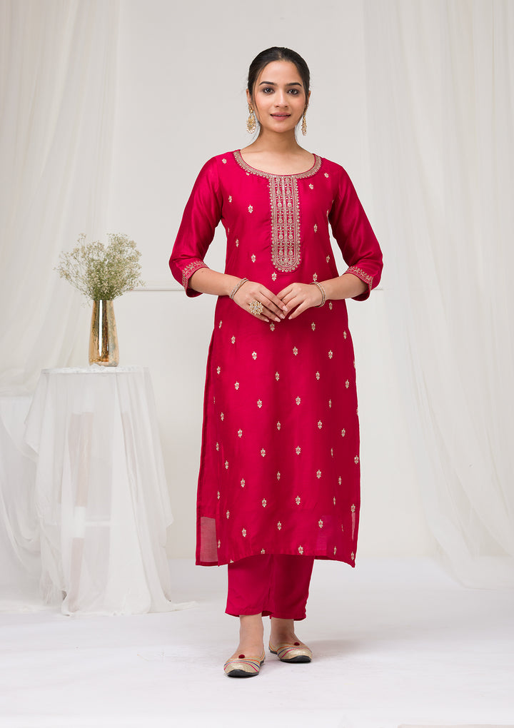 Rani Pink Sequins Raw Silk Readymade Salwar Suit