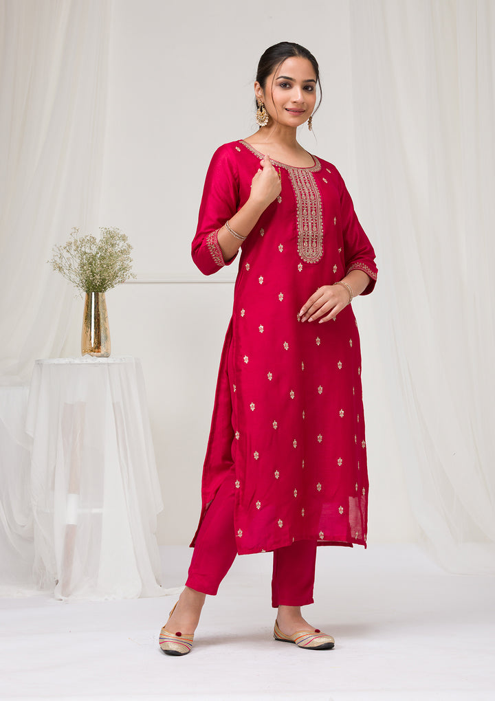 Rani Pink Sequins Raw Silk Readymade Salwar Suit