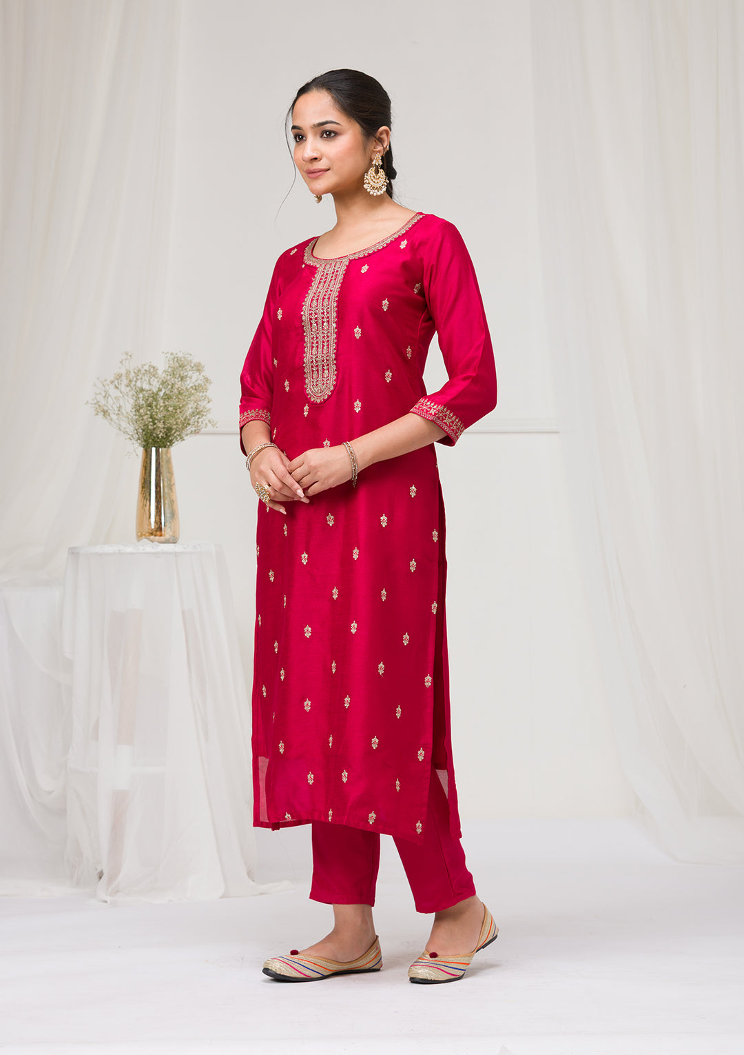 Rani Pink Sequins Raw Silk Readymade Salwar Suit