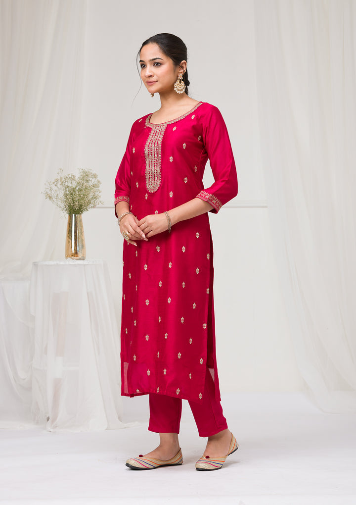 Rani Pink Sequins Raw Silk Readymade Salwar Suit