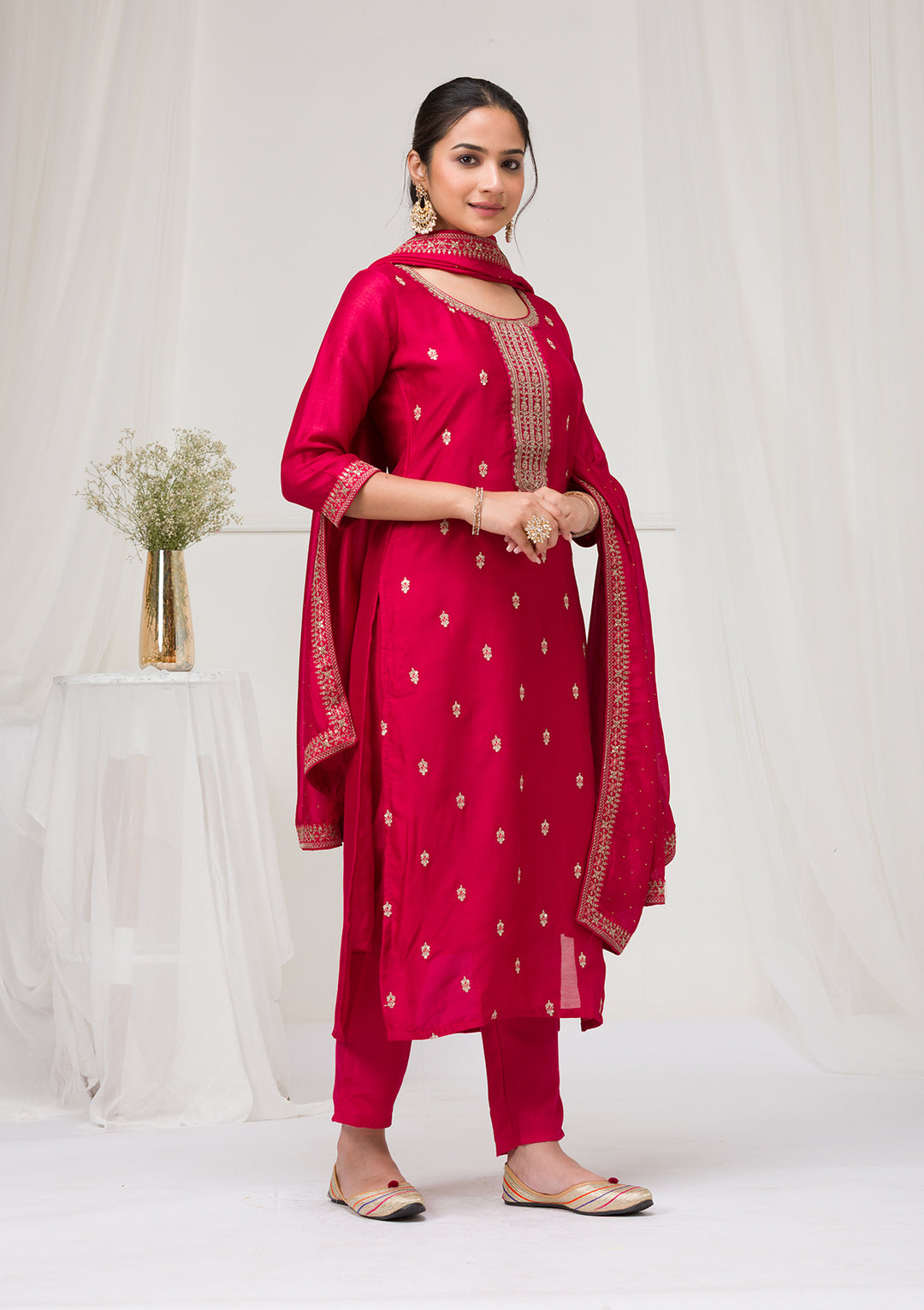 Rani Pink Sequins Raw Silk Readymade Salwar Suit