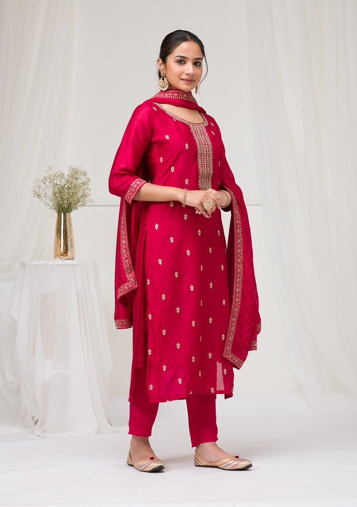 Rani Pink Sequins Raw Silk Readymade Salwar Suit