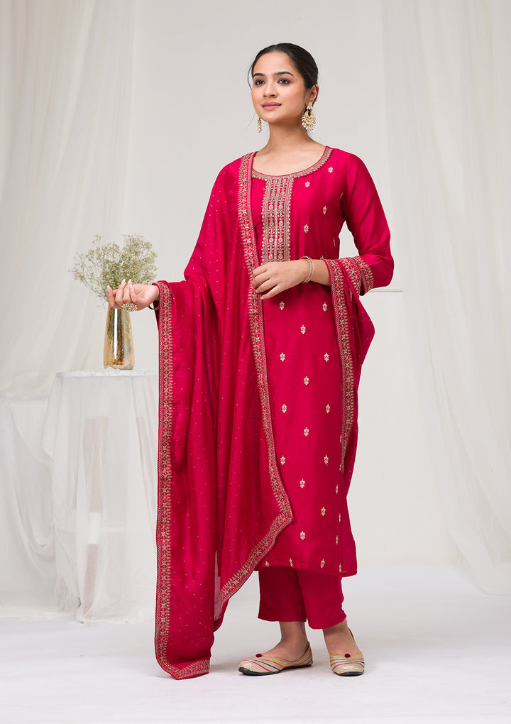 Rani Pink Sequins Raw Silk Readymade Salwar Suit