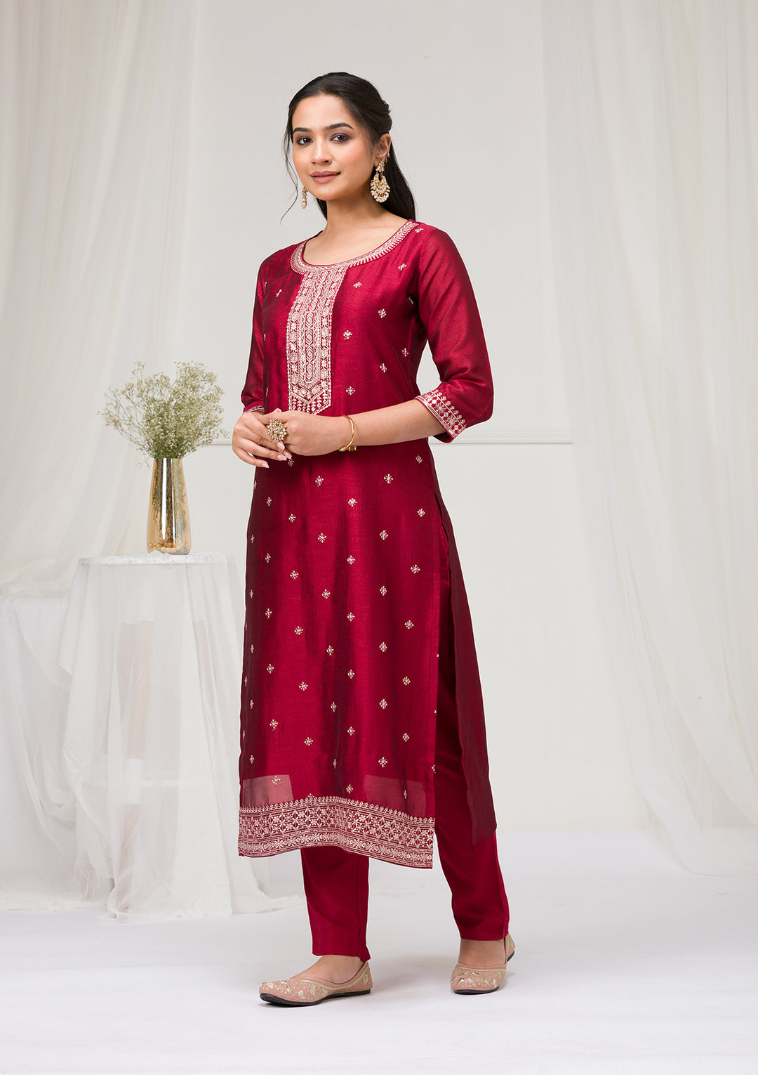 Maroon Sequins Raw Silk Readymade Salwar Suit