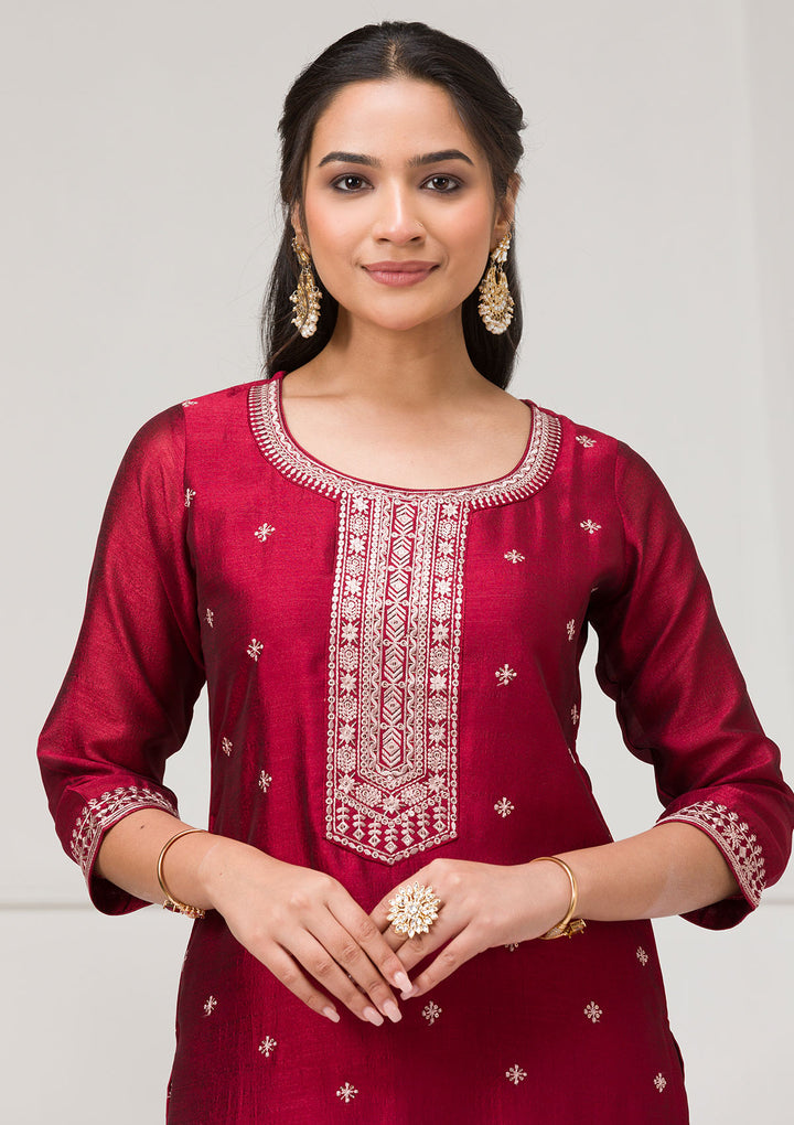 Maroon Sequins Raw Silk Readymade Salwar Suit