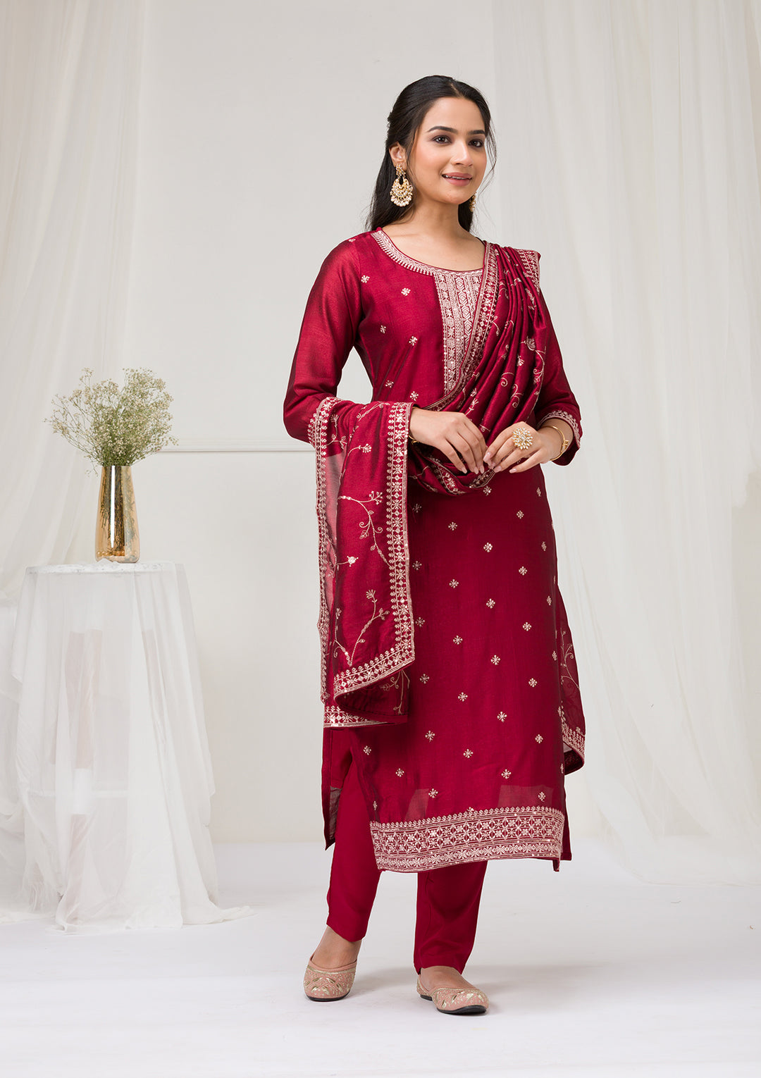 Maroon Sequins Raw Silk Readymade Salwar Suit