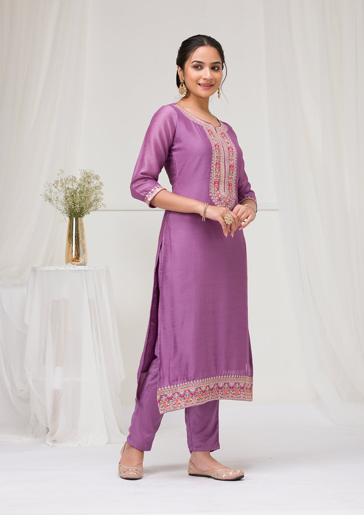 Lavender Threadwork Raw Silk Readymade Salwar Suit
