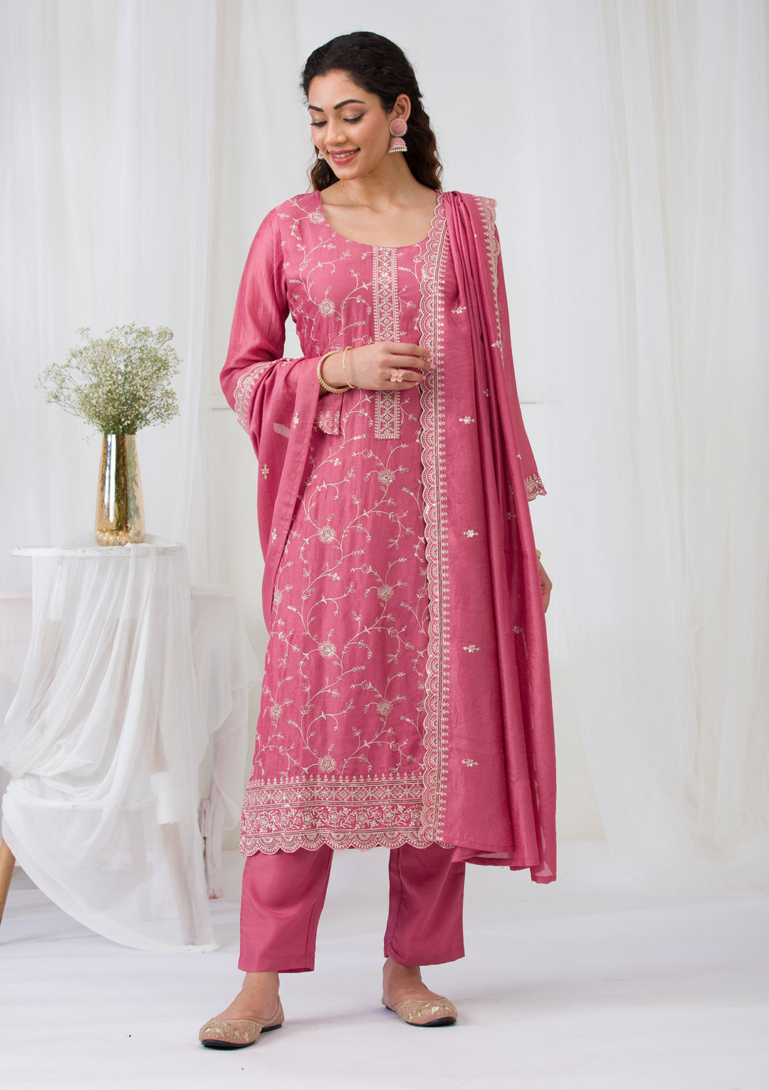 Onion Pink Threadwork Raw Silk Readymade Salwar Suit