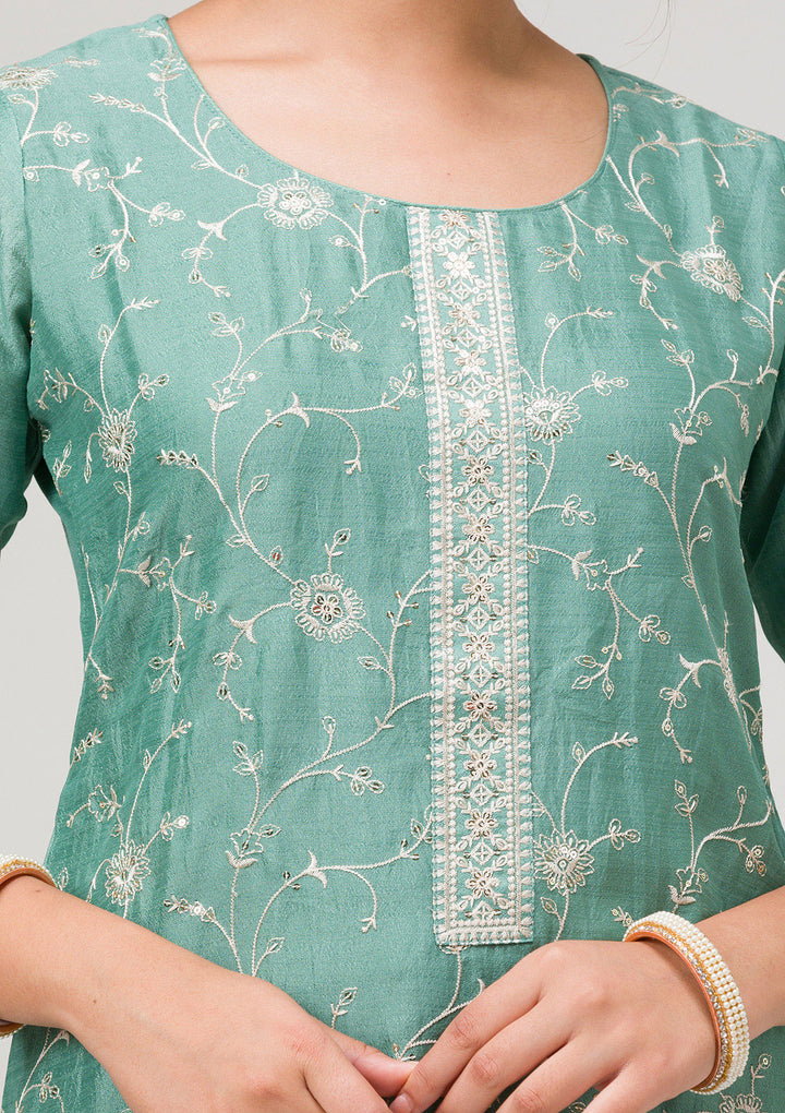 Sea Green Threadwork Raw Silk Readymade Salwar Suit