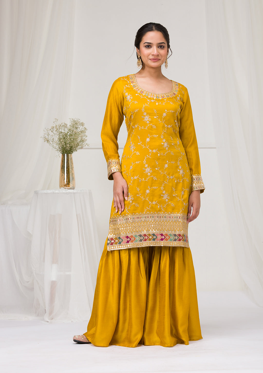 Mustard Zariwork Raw Silk Readymade Salwar Suit