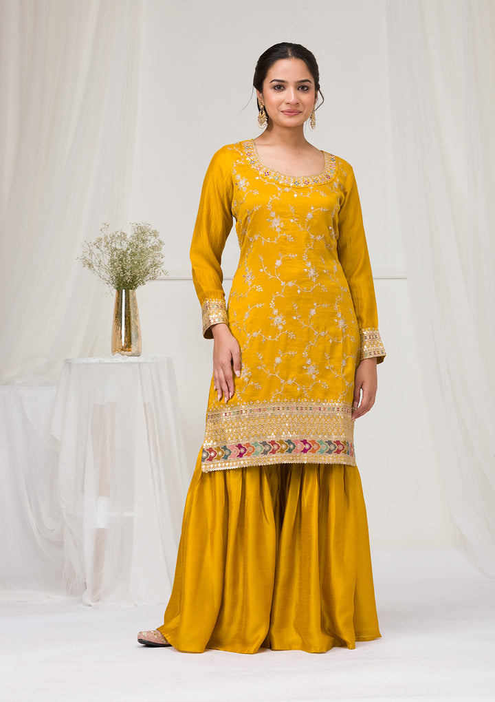 Mustard Zariwork Raw Silk Readymade Salwar Suit