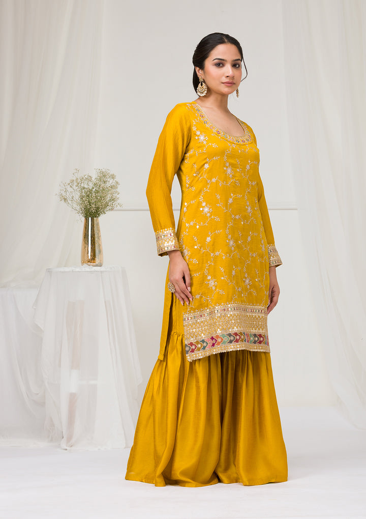 Mustard Zariwork Raw Silk Readymade Salwar Suit
