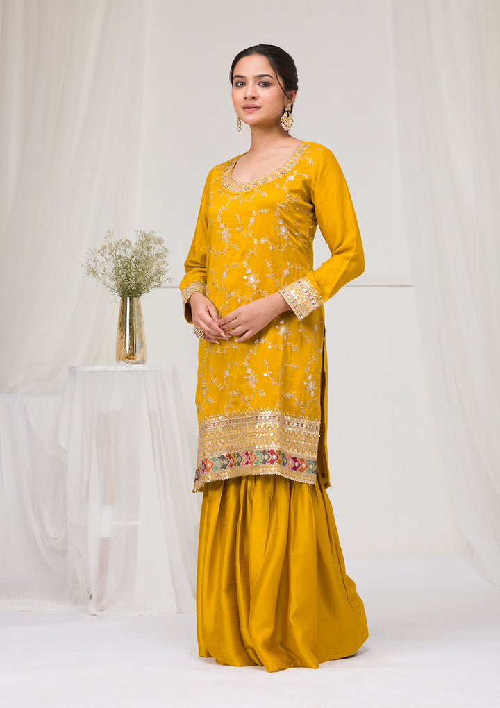 Mustard Zariwork Raw Silk Readymade Salwar Suit