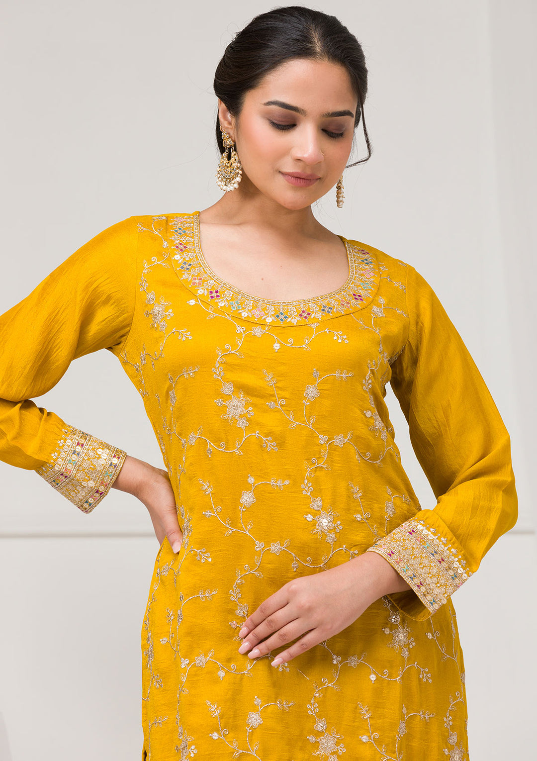 Mustard Zariwork Raw Silk Readymade Salwar Suit
