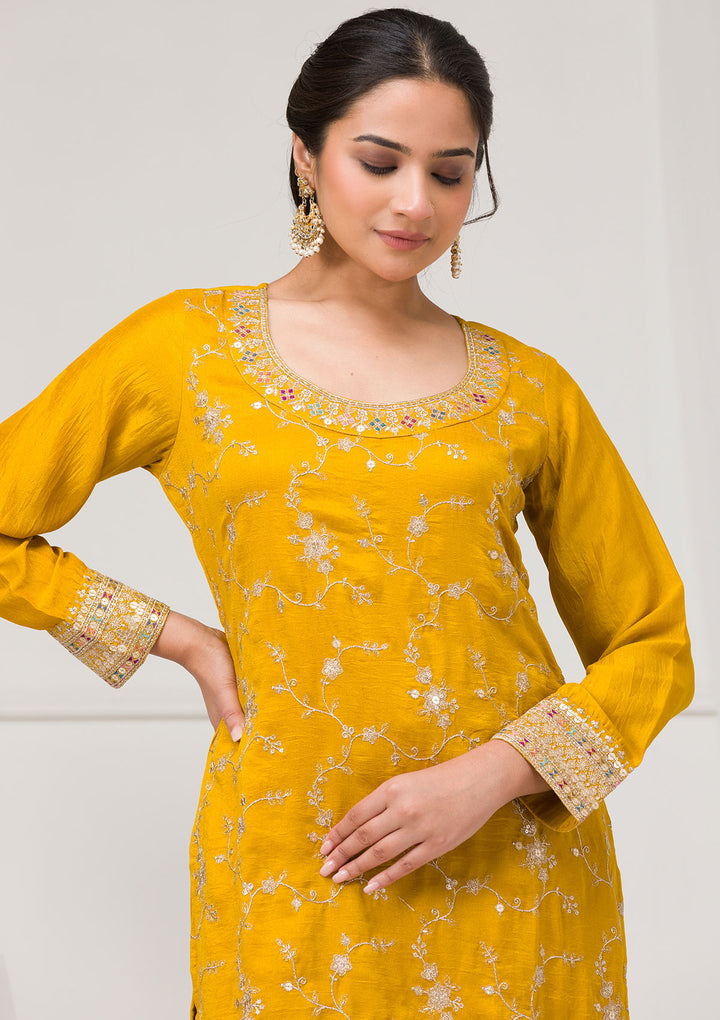 Mustard Zariwork Raw Silk Readymade Salwar Suit